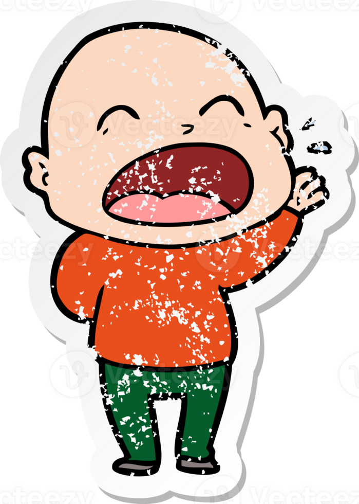 distressed sticker of a cartoon shouting bald man png