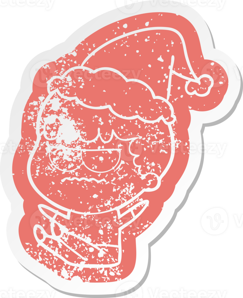 quirky cartoon distressed sticker of a annoyed man wearing santa hat png