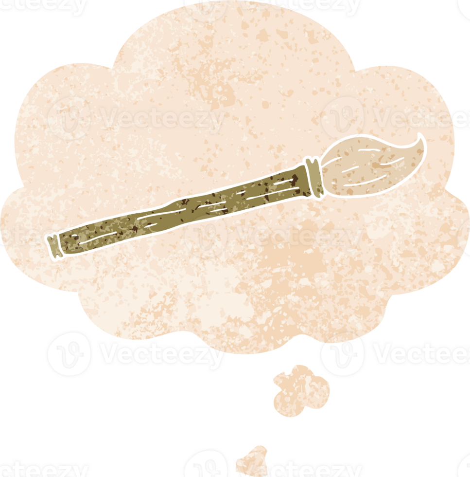 cartoon paint brush with thought bubble in grunge distressed retro textured style png