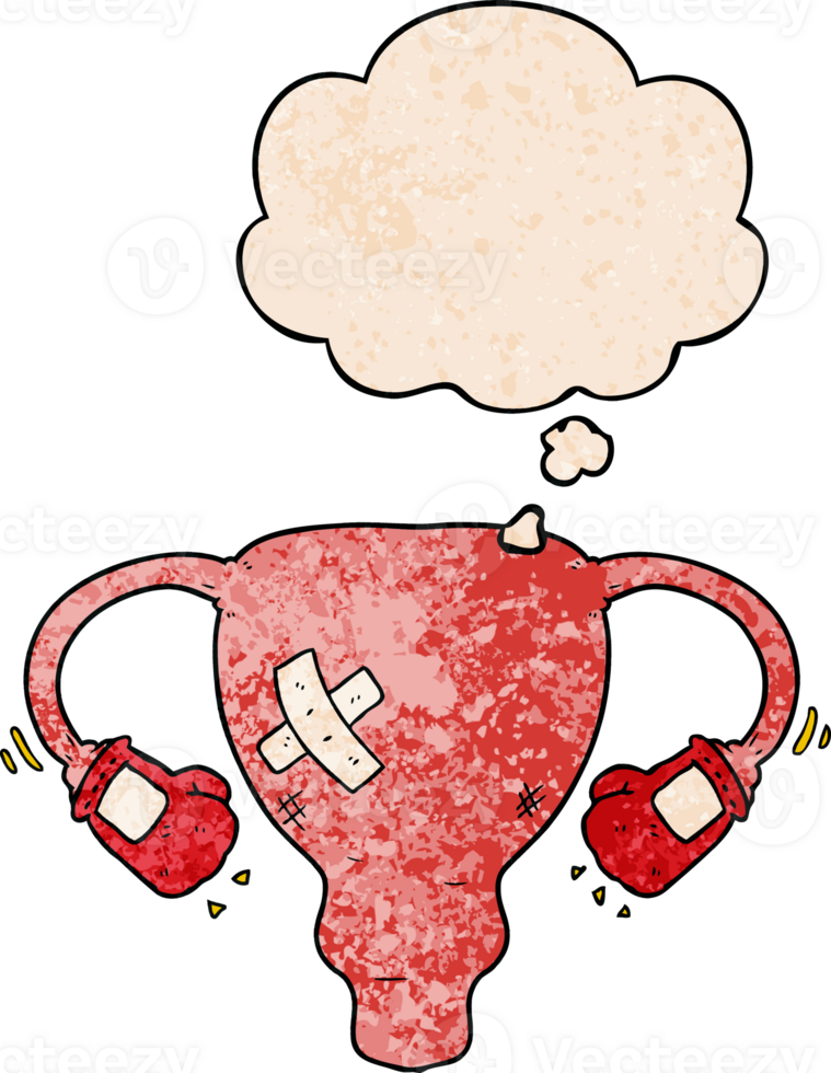 cartoon beat up uterus with boxing gloves with thought bubble in grunge texture style png
