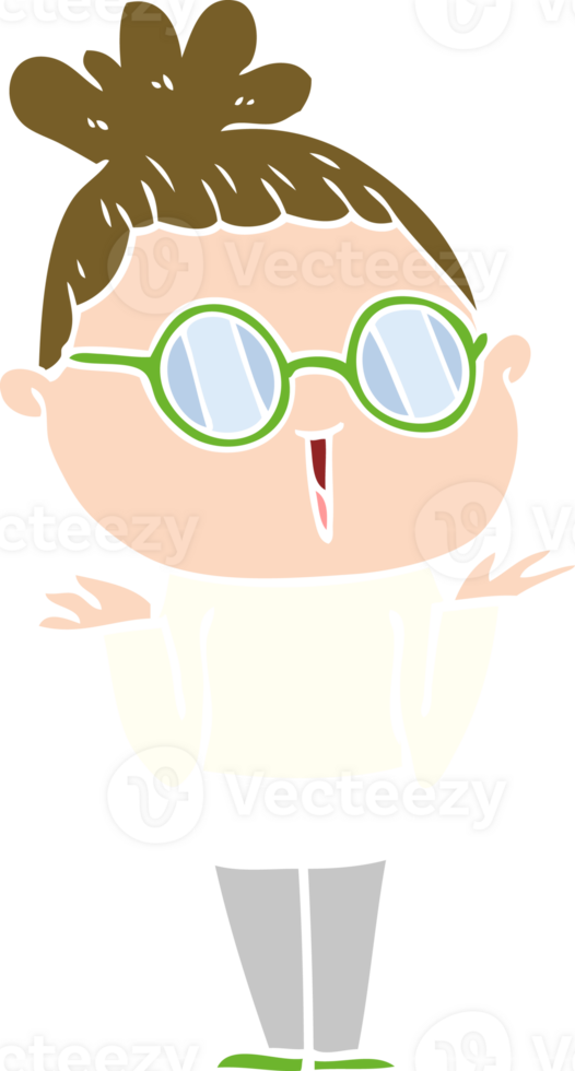 flat color style cartoon shrugging woman wearing spectacles png