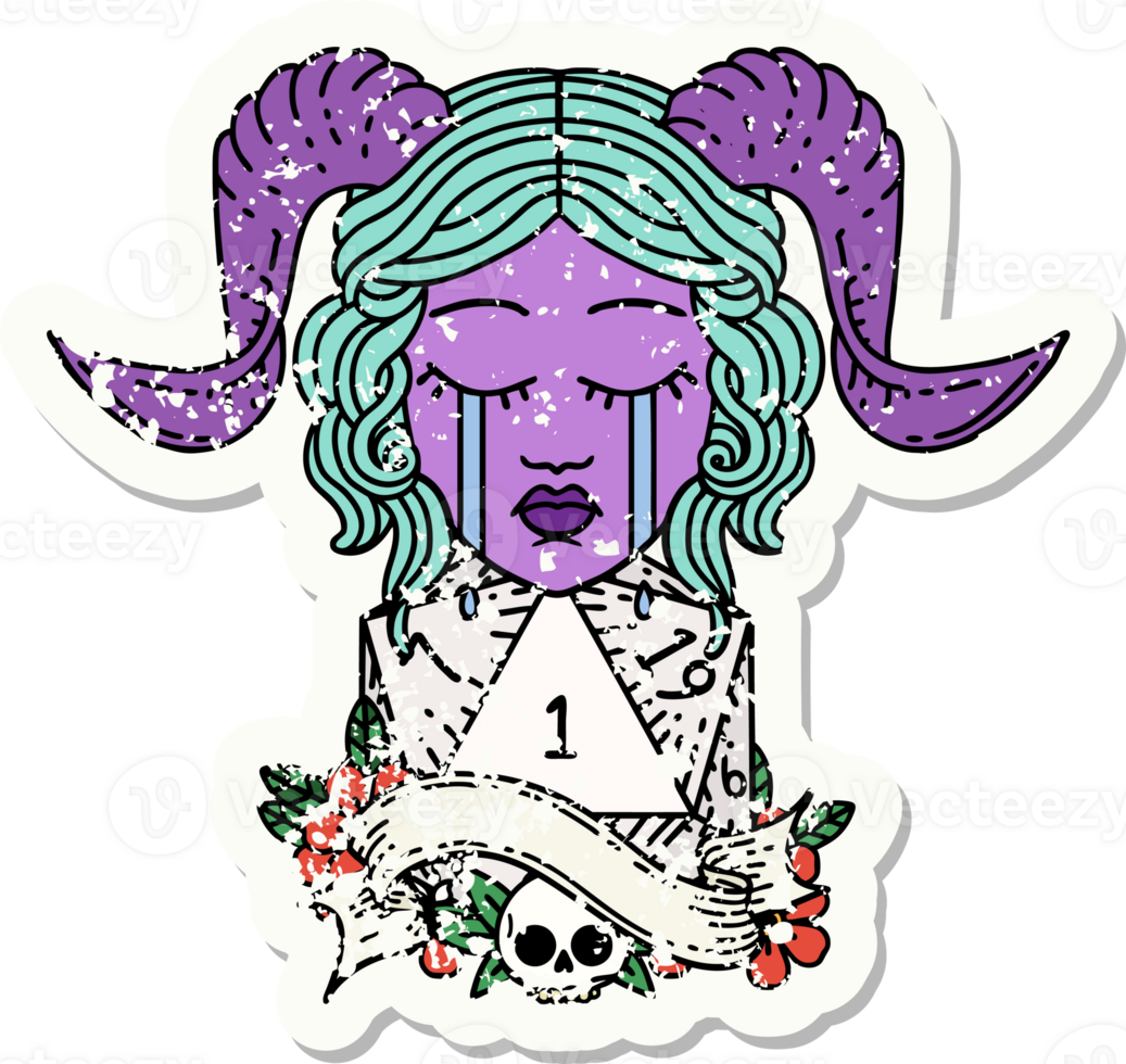 grunge sticker of a crying tiefling with natural one D20 dice roll png