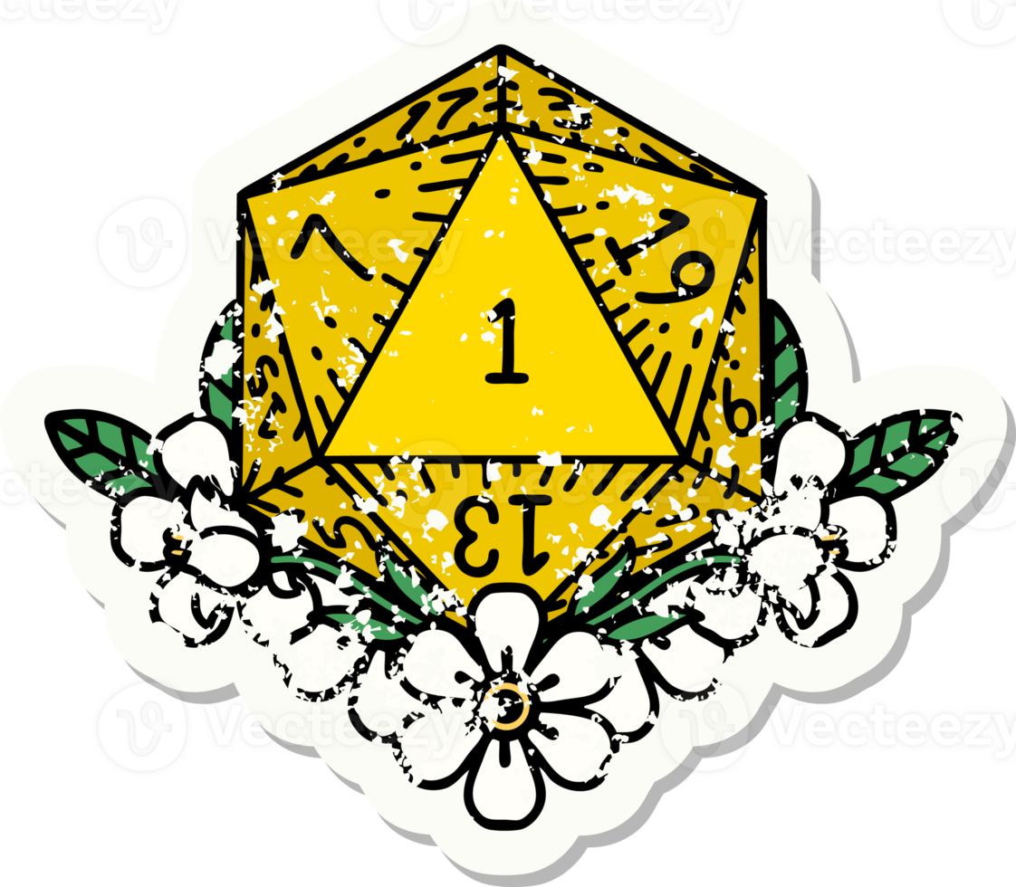 grunge sticker of a natural one dice roll with floral elements png