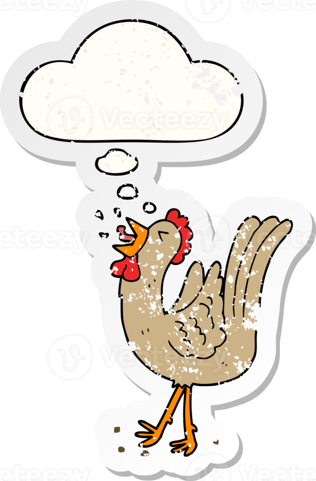 cartoon crowing cockerel with thought bubble as a distressed worn sticker png