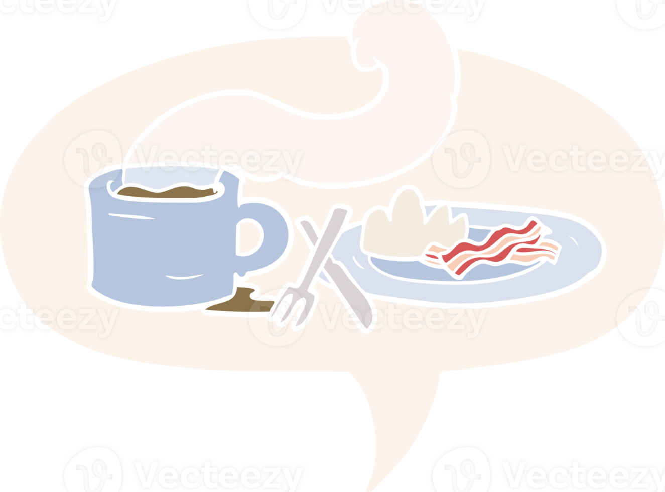 cartoon breakfast of coffee and bacon with speech bubble in retro style png