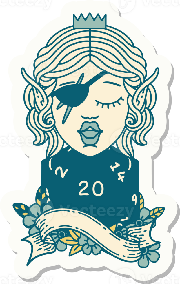 sticker of a elf rogue with natural twenty dice roll png