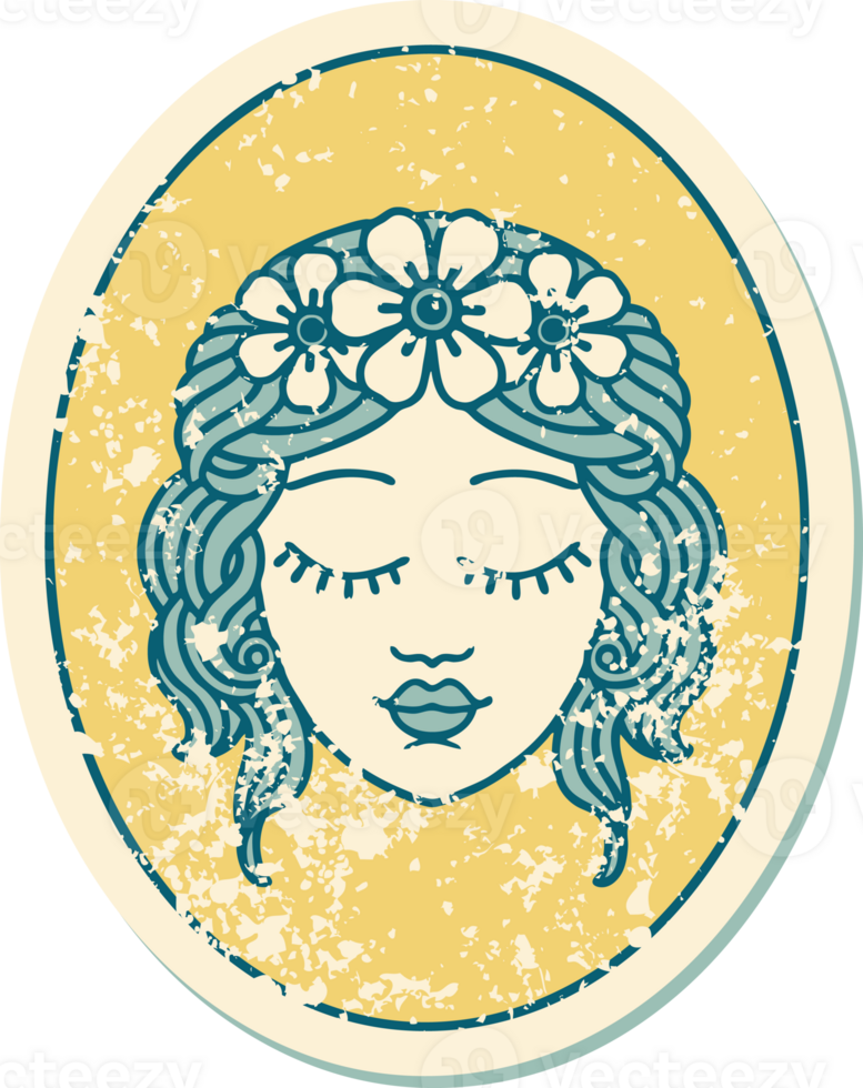 iconic distressed sticker tattoo style image of a maiden with eyes closed png