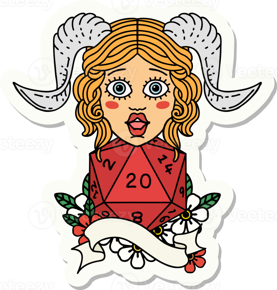 sticker of a tiefling with natural twenty dice roll png
