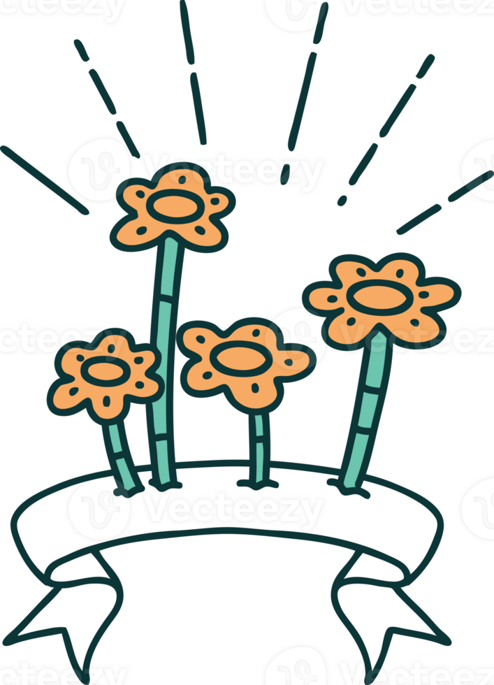 scroll banner with tattoo style flowers growing png