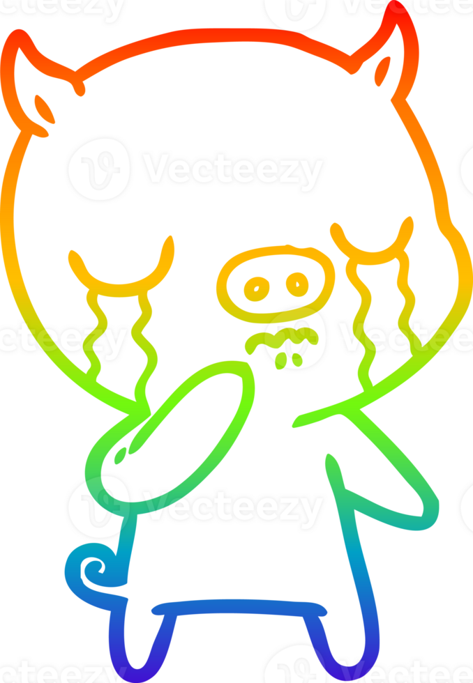 rainbow gradient line drawing of a cartoon pig crying png