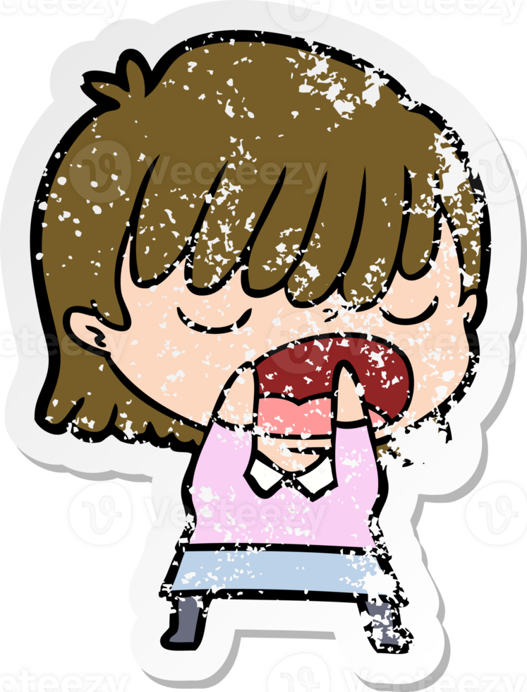 distressed sticker of a cartoon woman talking loudly png