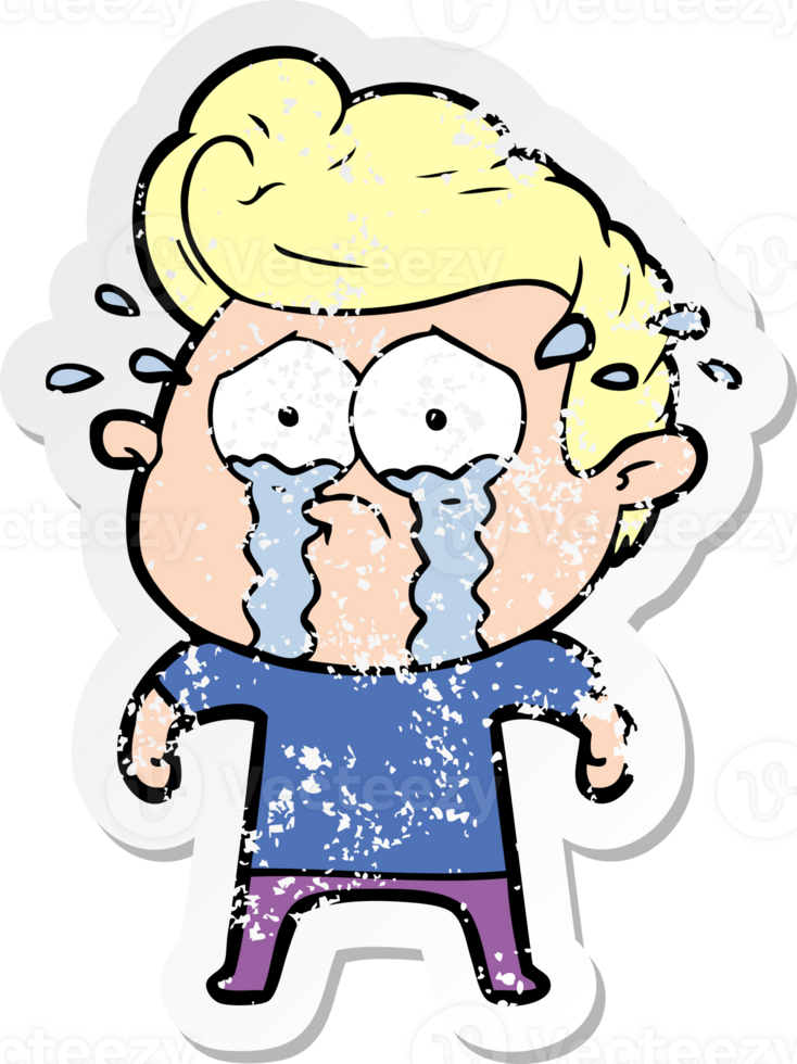 distressed sticker of a cartoon crying man png