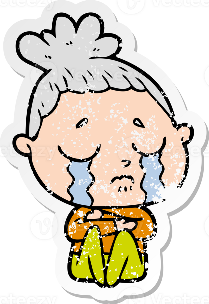 distressed sticker of a cartoon crying woman hugged up png