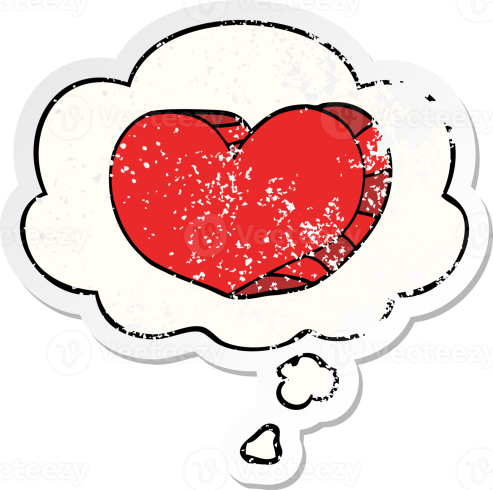 cartoon love heart with thought bubble as a distressed worn sticker png