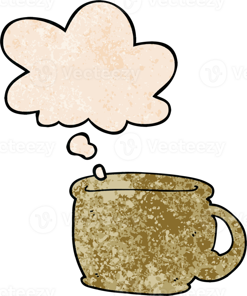 cartoon coffee cup with thought bubble in grunge texture style png