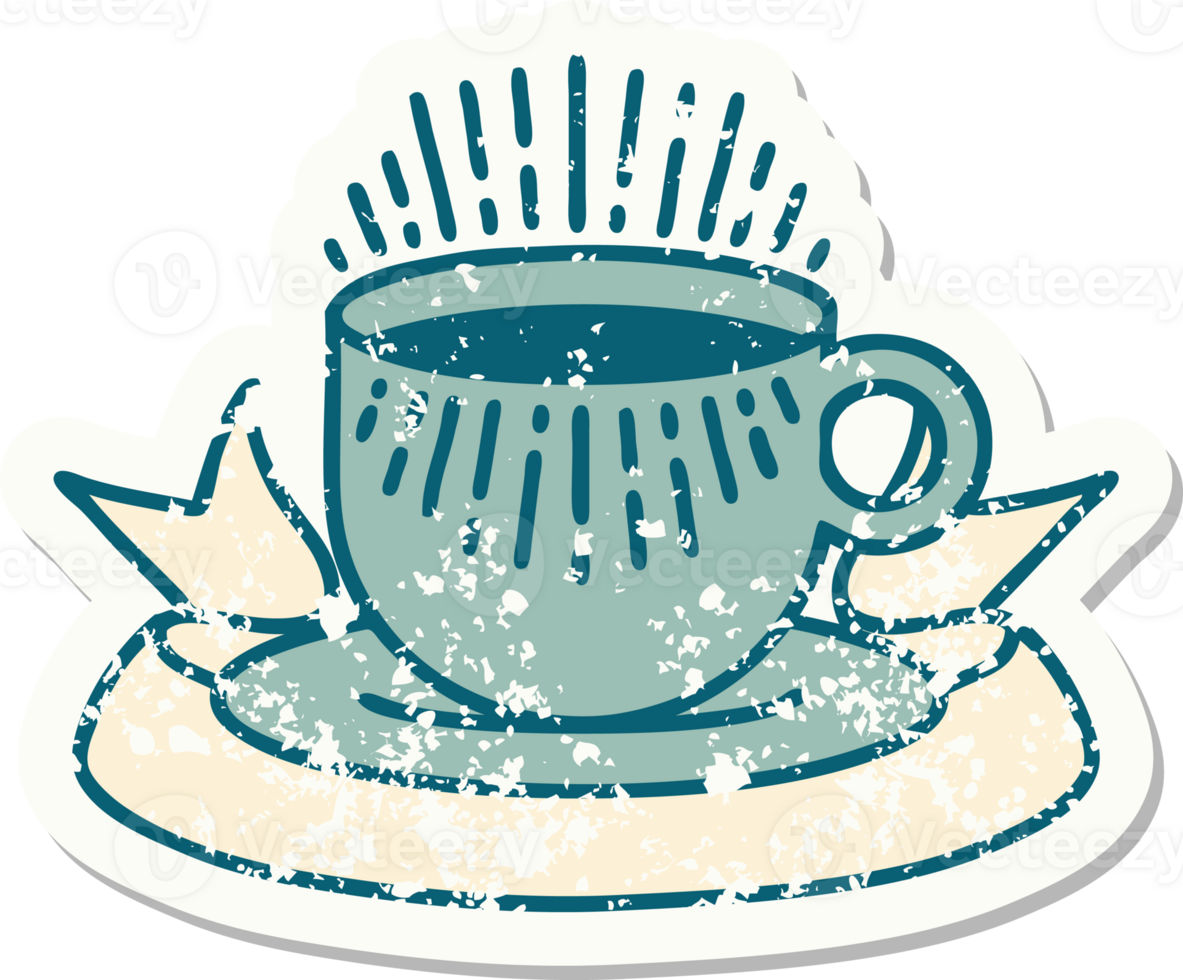 worn old sticker with banner of cup of coffee png