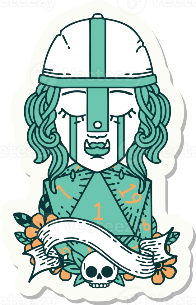 sticker of a crying orc fighter character face with natural one D20 roll png