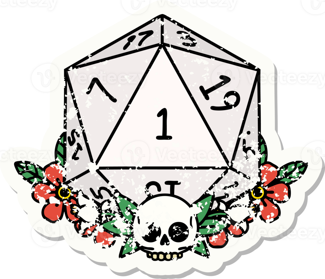 grunge sticker of a natural one dice roll with floral elements png
