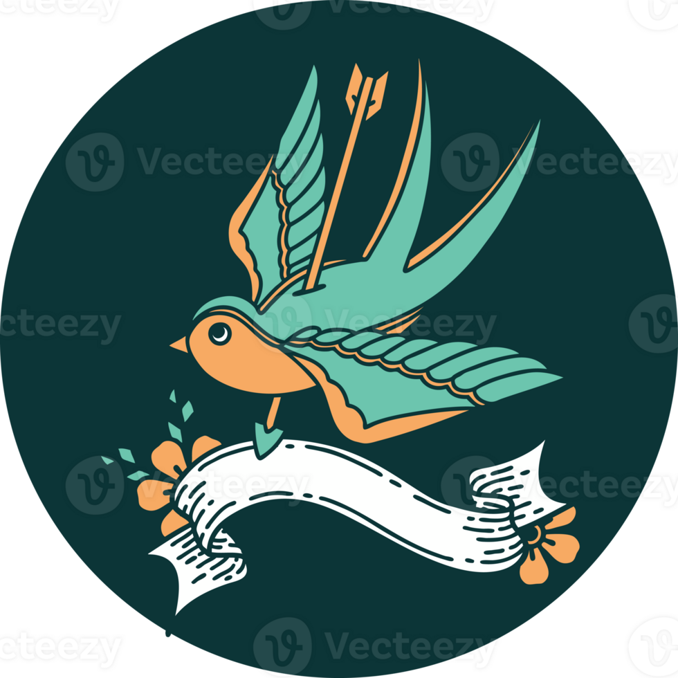 tattoo style icon with banner of a swallow pierced by arrow png