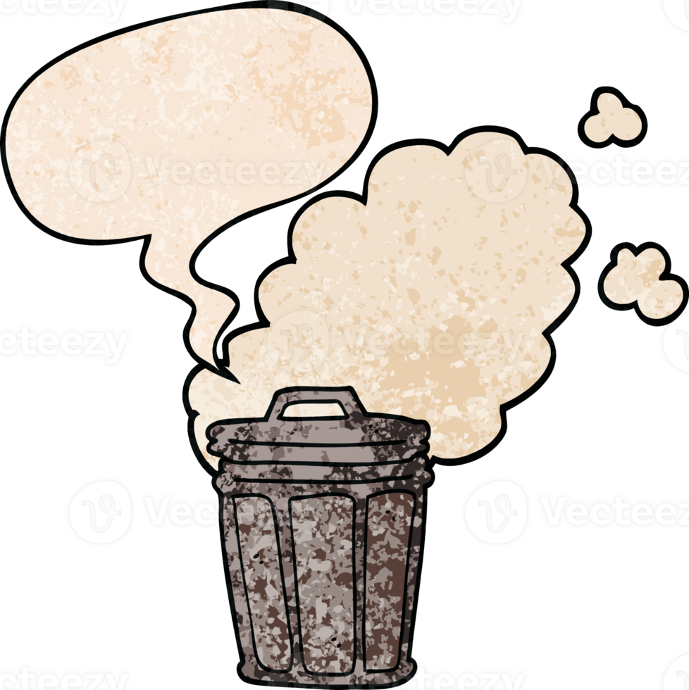 cartoon stinky garbage can with speech bubble in retro texture style png