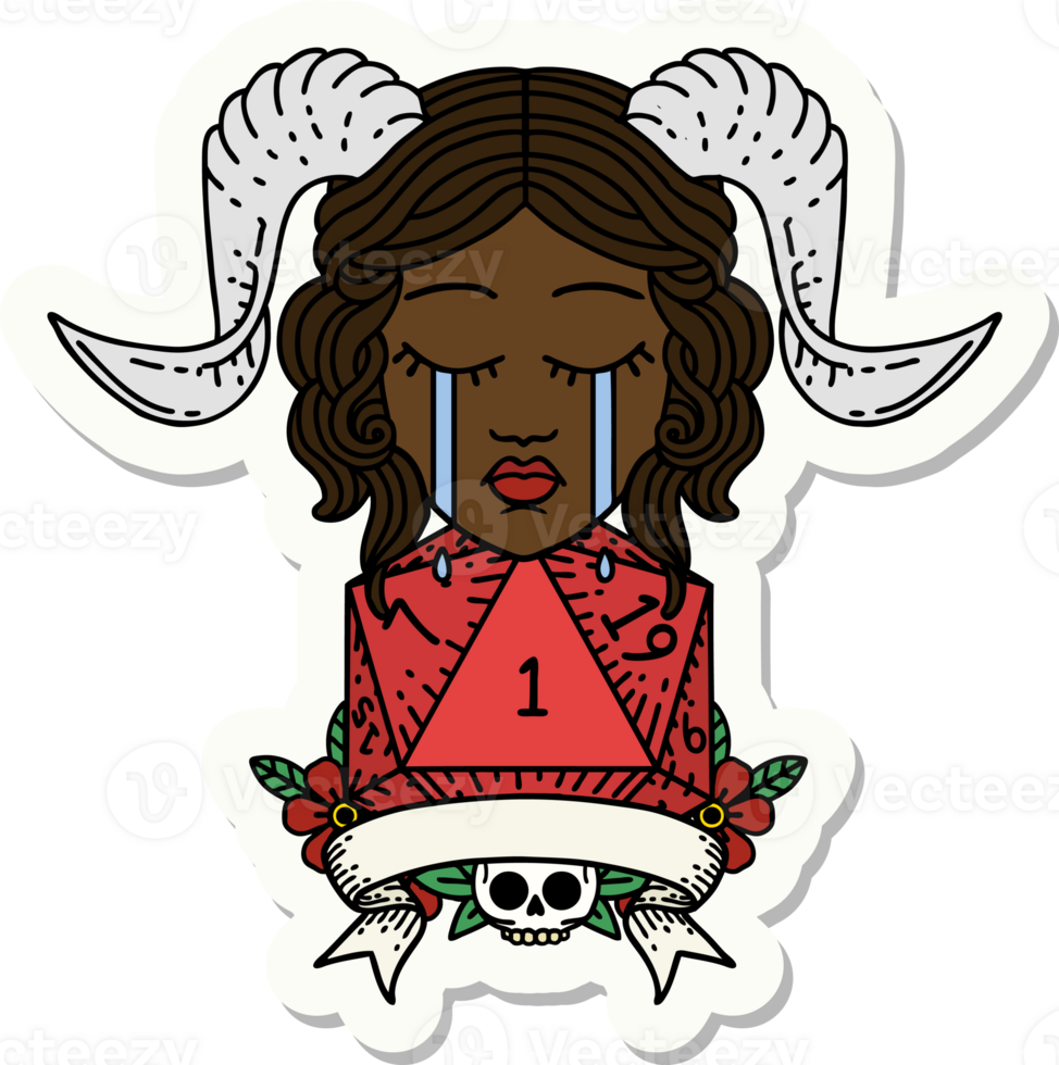 sticker of a crying tiefling with natural one D20 dice roll png