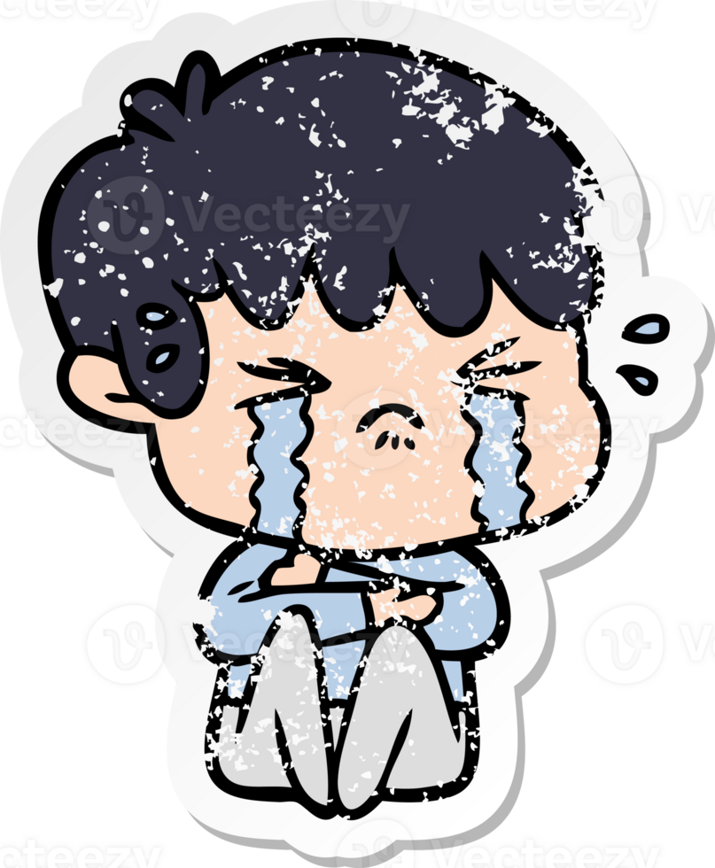 distressed sticker of a cartoon boy crying png