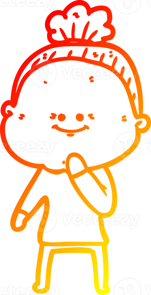 warm gradient line drawing of a cartoon happy old woman png