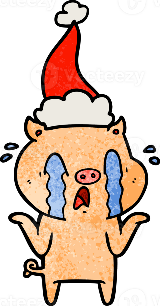 crying pig hand drawn textured cartoon of a wearing santa hat png