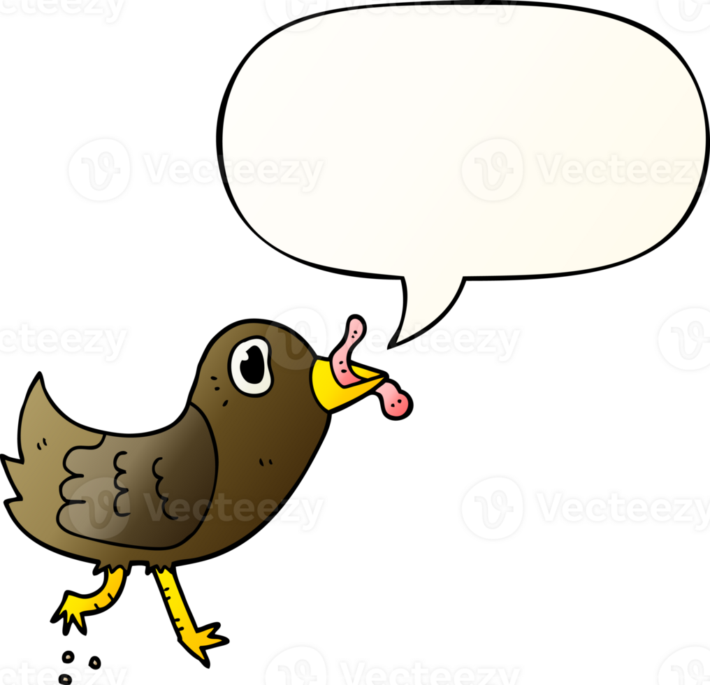 cartoon bird with worm with speech bubble in smooth gradient style png