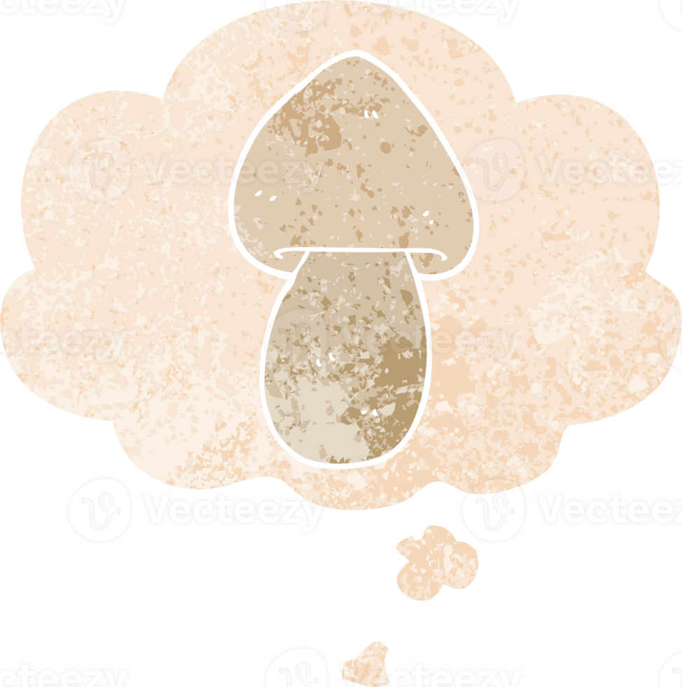 cartoon mushroom with thought bubble in grunge distressed retro textured style png