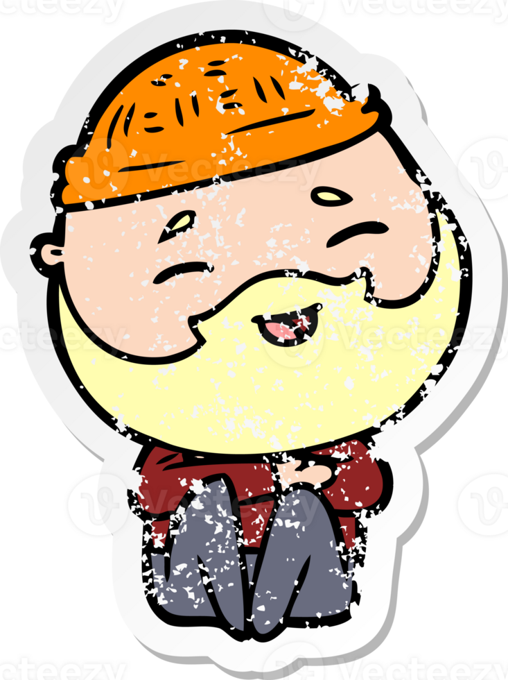 distressed sticker of a cartoon happy bearded man png