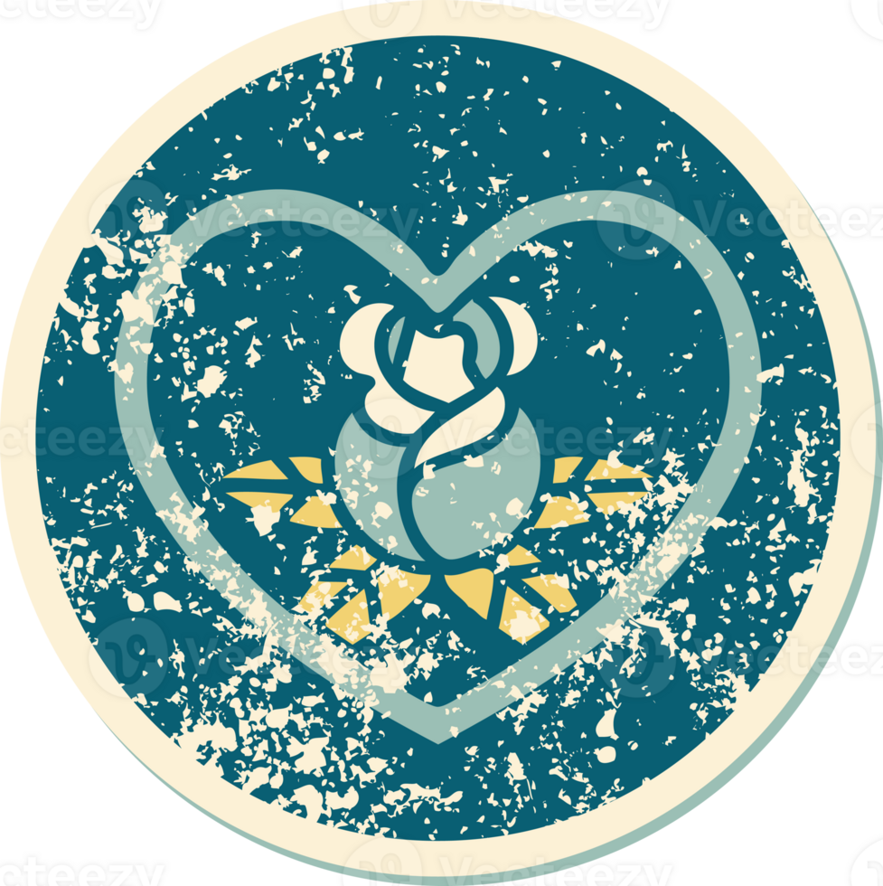 iconic distressed sticker tattoo style image of a heart and flowers png