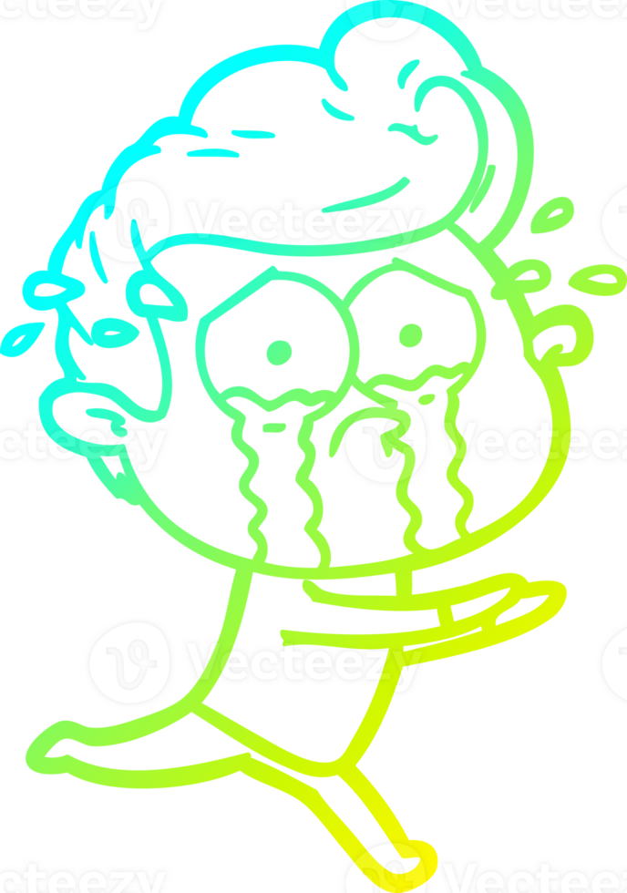 cold gradient line drawing of a cartoon crying man running png
