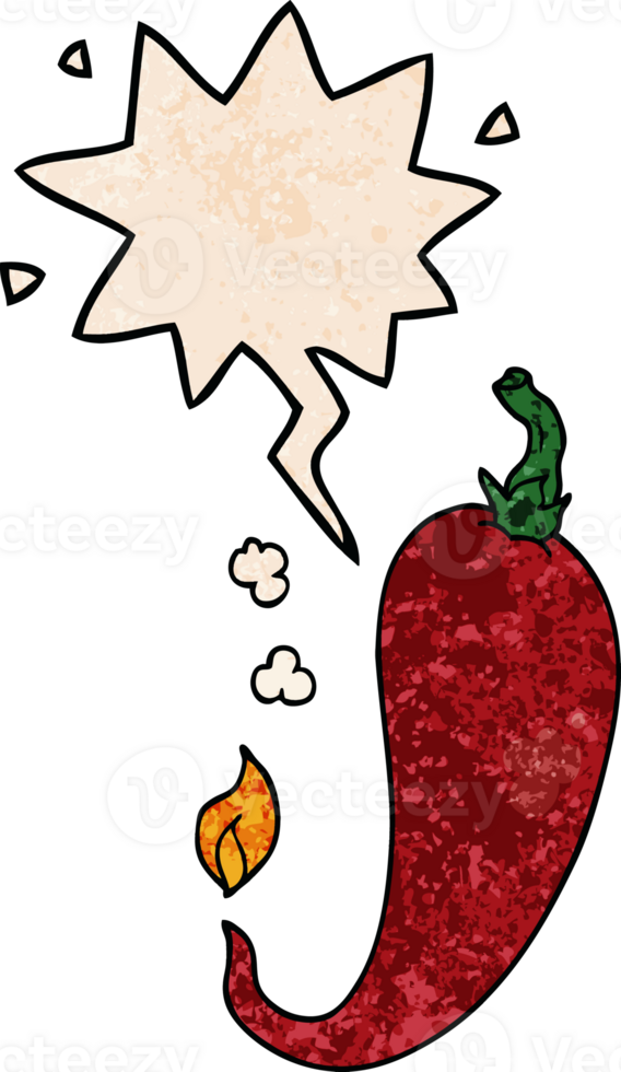 cartoon chili pepper with speech bubble in retro texture style png
