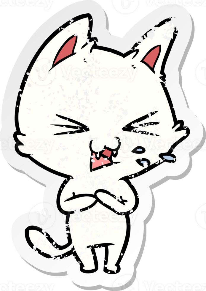 distressed sticker of a cartoon cat hissing png