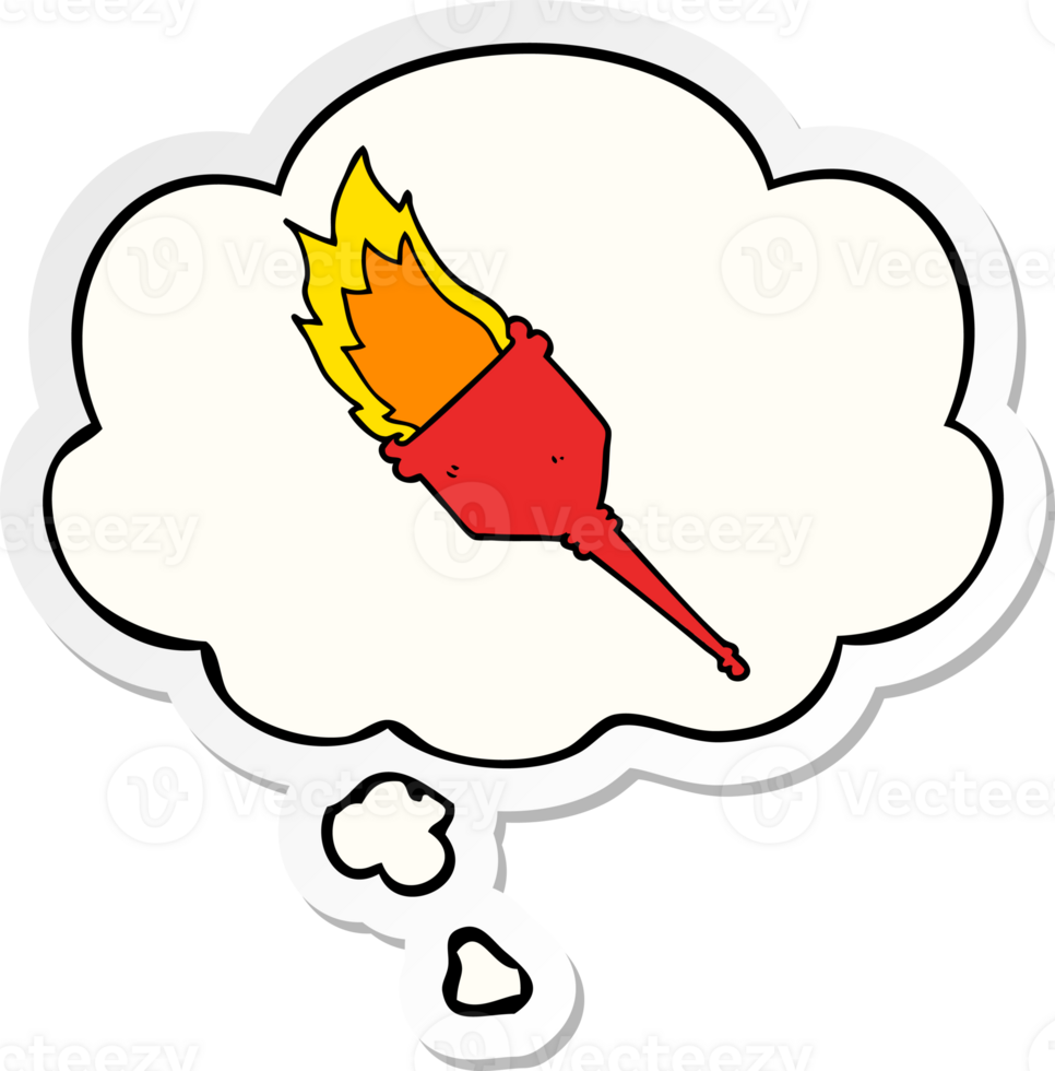 cartoon flaming torch with thought bubble as a printed sticker png