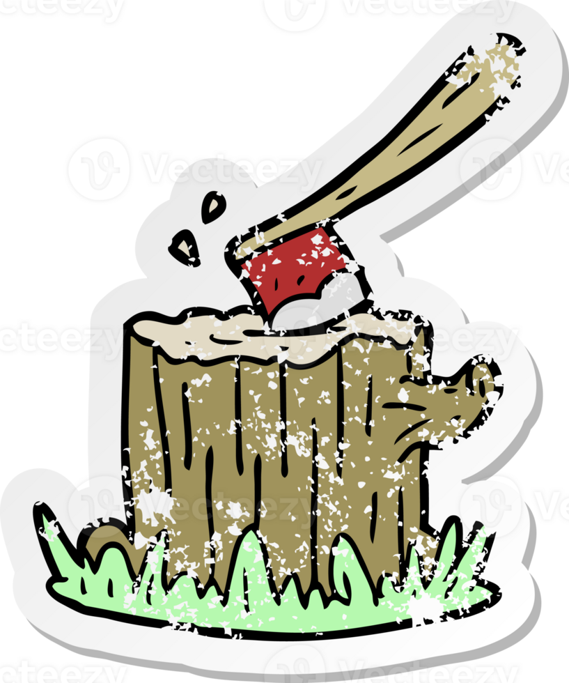 distressed sticker of a cartoon axe in tree stump png
