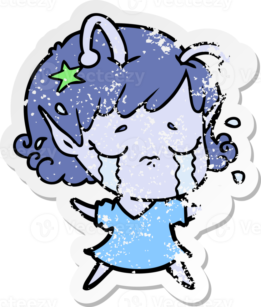 distressed sticker of a cartoon crying alien girl png