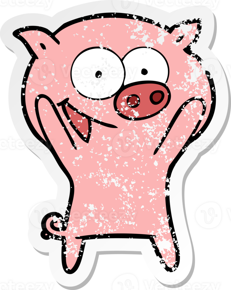 distressed sticker of a happy pig cartoon png