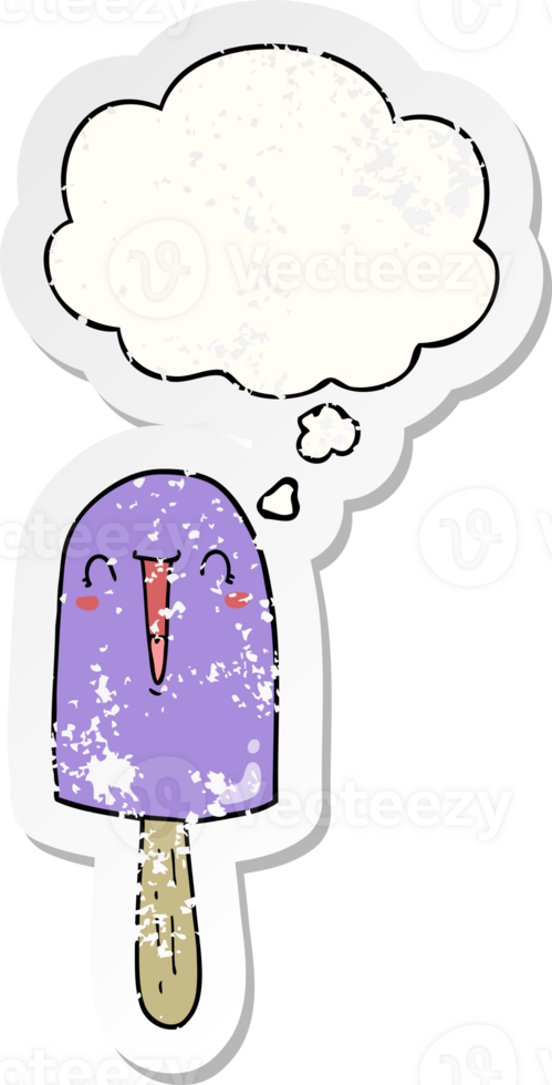 cartoon happy ice lolly with thought bubble as a distressed worn sticker png
