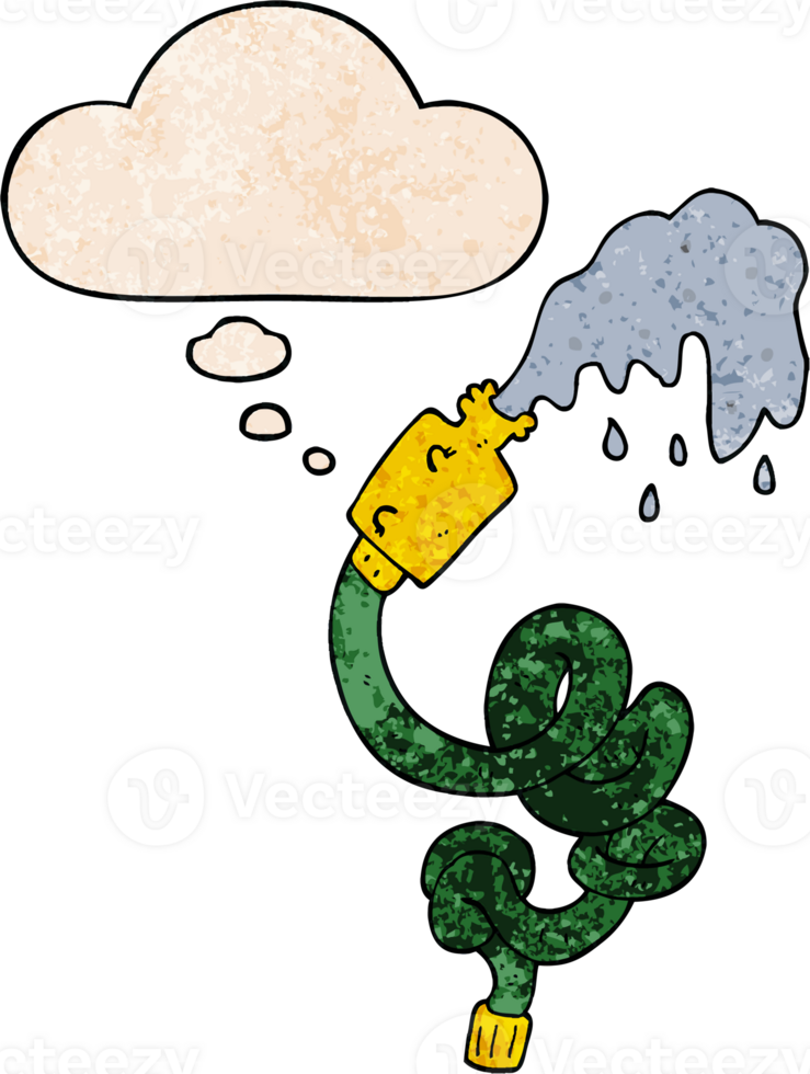 cartoon hosepipe with thought bubble in grunge texture style png