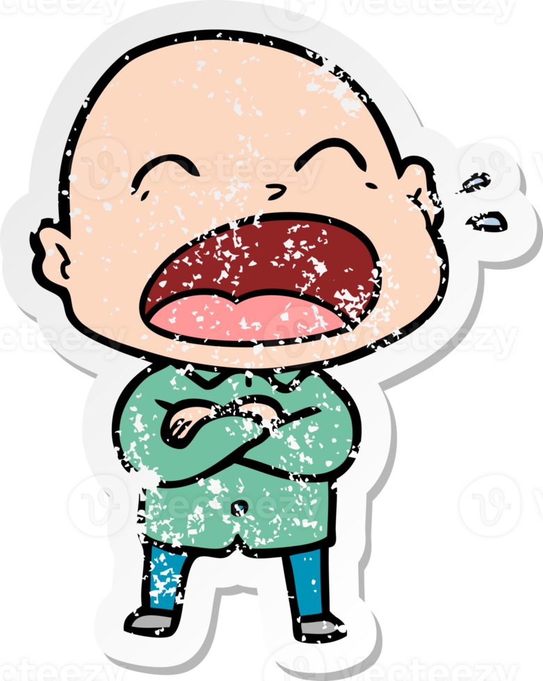 distressed sticker of a cartoon shouting bald man png