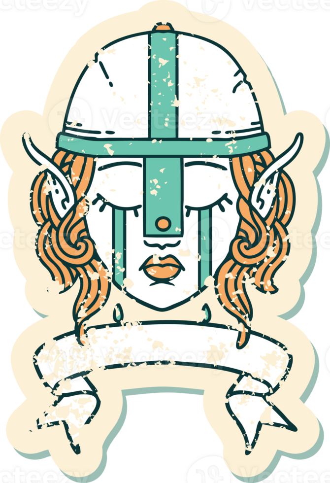 Retro Tattoo Style crying elf fighter character face with banner png