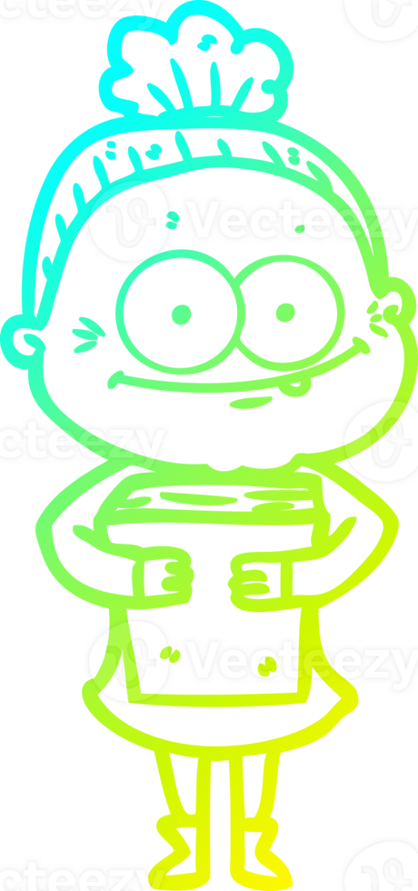 cold gradient line drawing of a cartoon happy old woman png