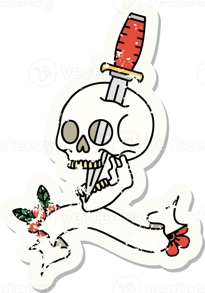 worn old sticker with banner of a skull png