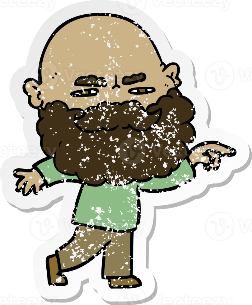distressed sticker of a cartoon man with beard frowning and pointing png