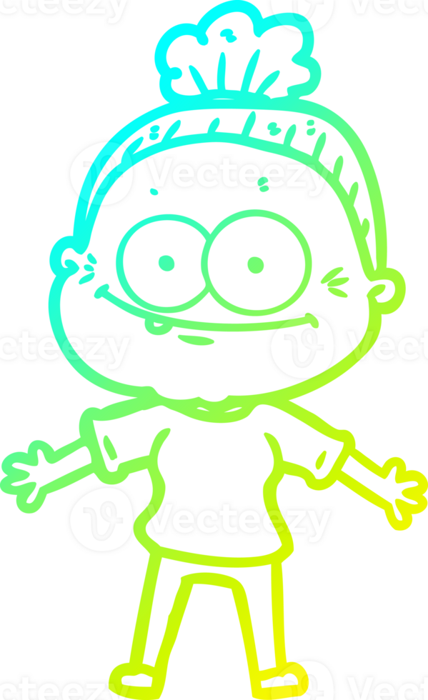 cold gradient line drawing of a cartoon happy old woman png