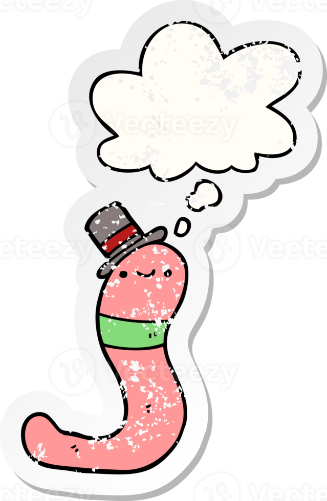 cute cartoon worm with thought bubble as a distressed worn sticker png