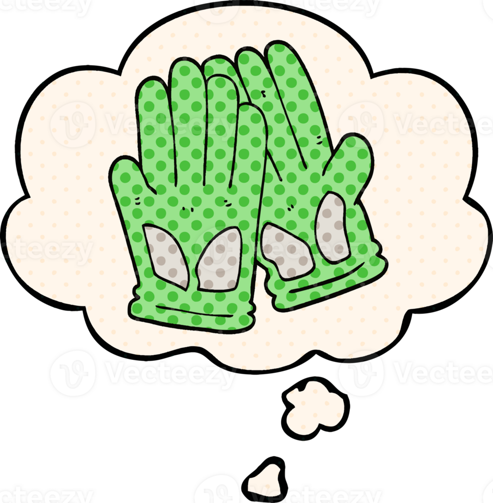 cartoon garden work gloves with thought bubble in comic book style png