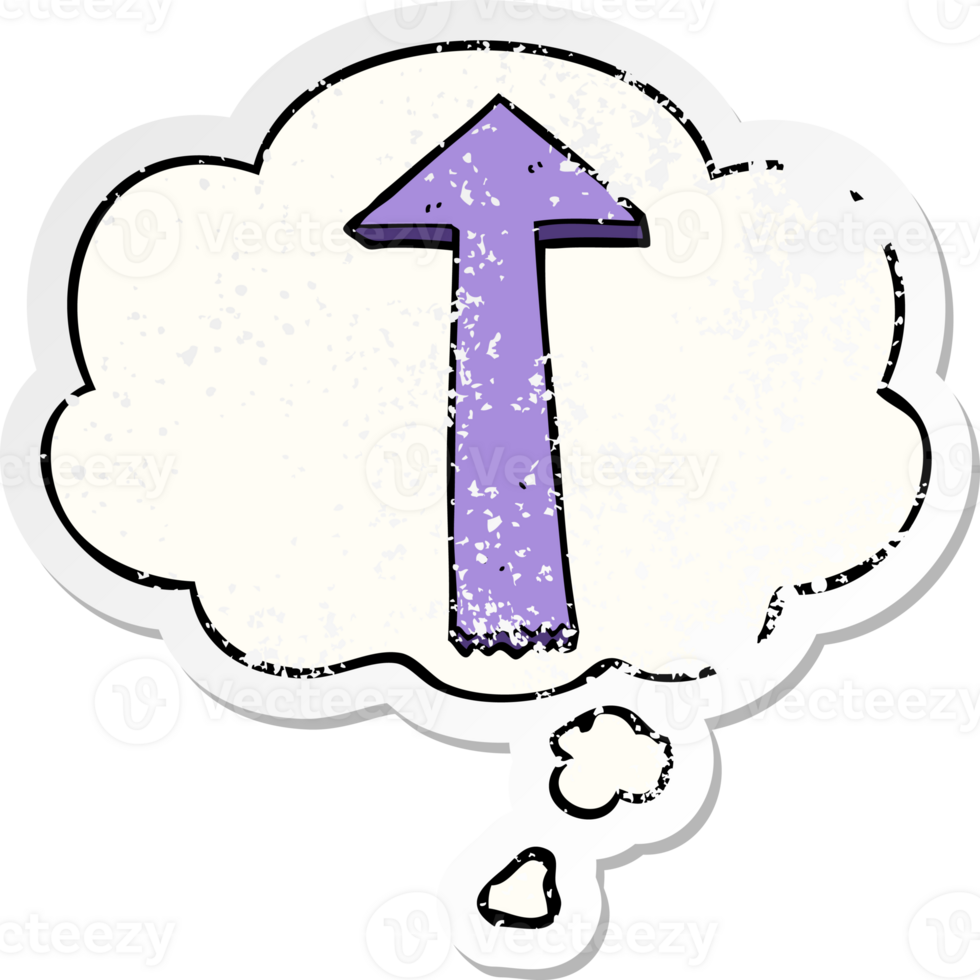 cartoon pointing arrow with thought bubble as a distressed worn sticker png